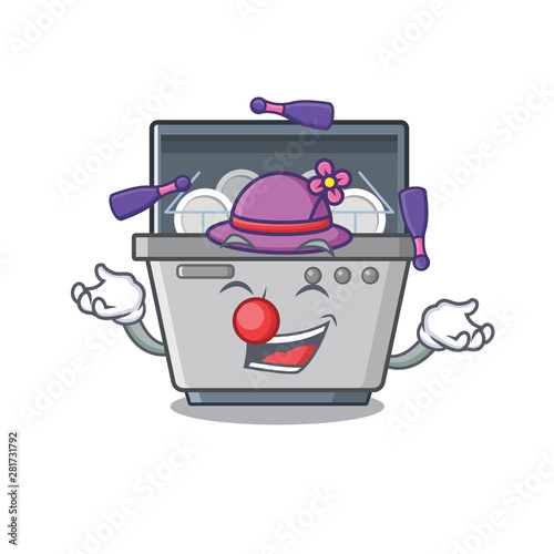 Juggling dishwasher machine next to cartoon stove