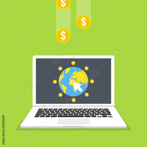 Make money online concept. Laptop, mouse cursor, gold coins. Flat vector illustration.
