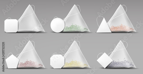 Tea pyramid bags set isolated on grey background, teabags collection of blank mockup, green, red, yellow dry herbs in packages, organic beverage advertising mock up. Realistic 3d vector illustration