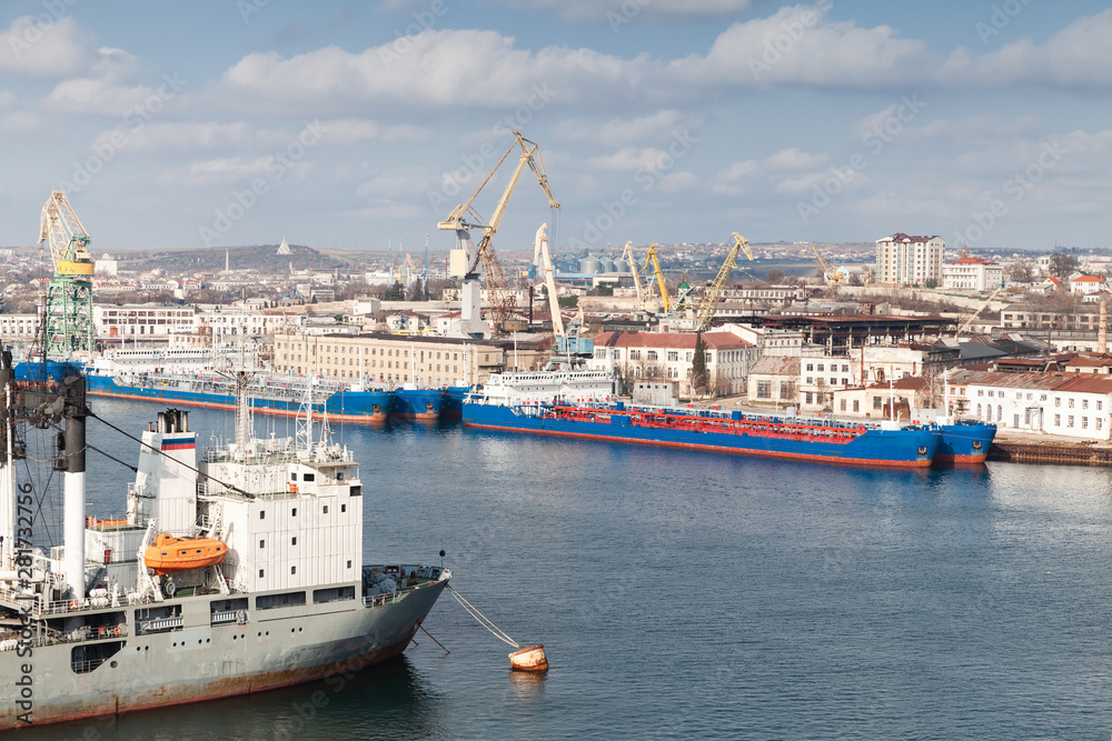 Cargo ships moored in Yuzhnaya Bay
