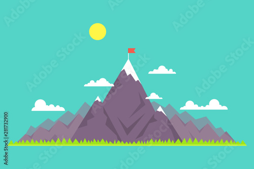 Top of the mountain with red flag. Business success concept. Vector illustration.