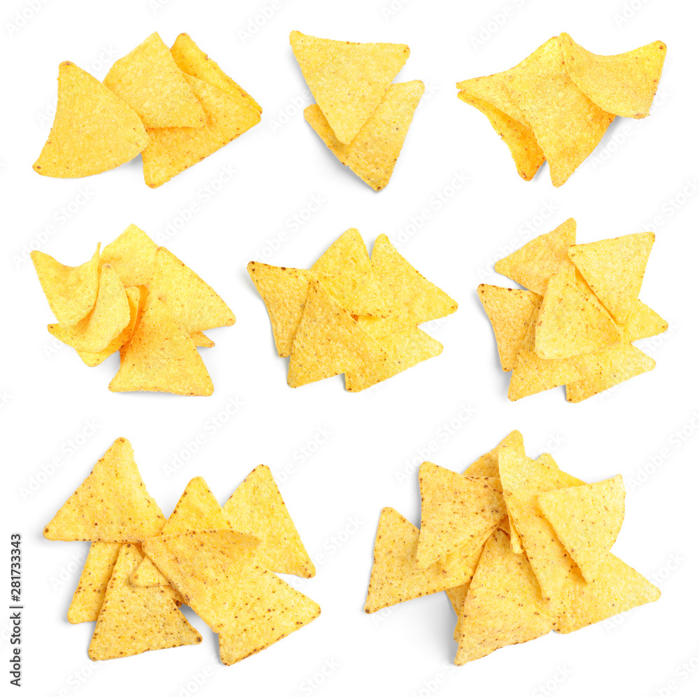 Set of delicious Mexican nachos chips on white background, top view Set of delicious Mexican nachos chips on white background, top view