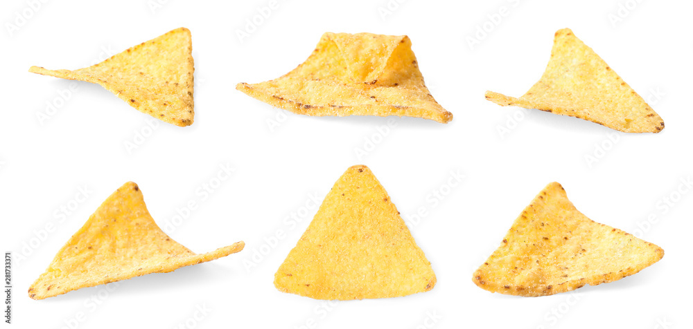 Set of delicious Mexican nachos chips on white background Set of delicious Mexican nachos chips on white background