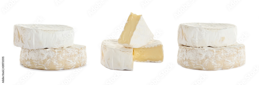 Set of different delicious cheeses on white background. Banner design