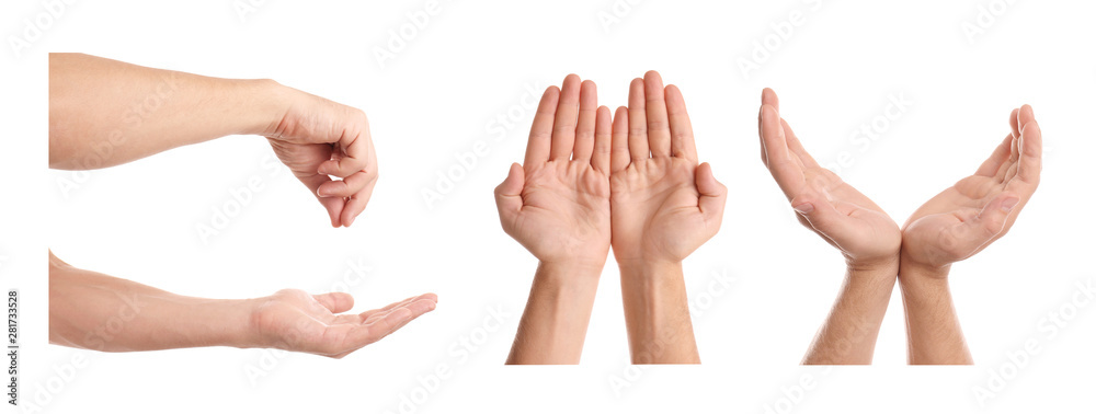 Set of man showing different gestures on white background, closeup view of hands Set of man showing different gestures on white background, closeup view of hands