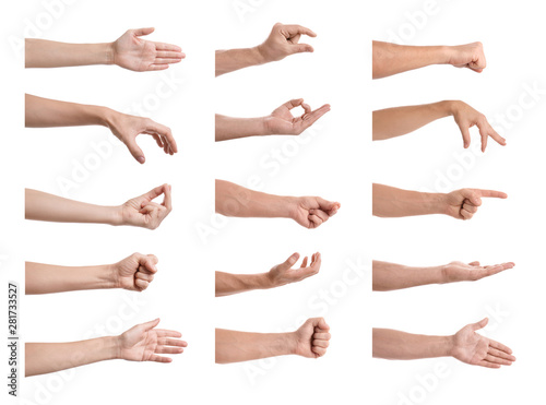 Set of people showing different gestures on white background  closeup view of hands