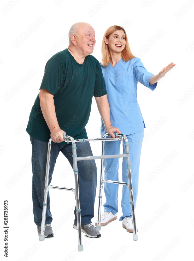 Caretaker helping elderly man with walking frame on white background Caretaker helping elderly man with walking frame on white background