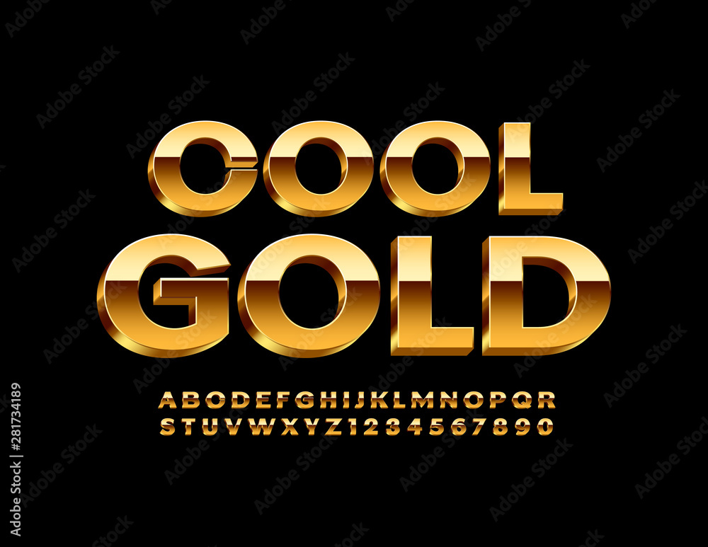 Vector cool Gold Font. 3D Chic Alphabet Letters, Numbers and Symbols Vector cool Gold Font. 3D Chic Alphabet Letters, Numbers and Symbols