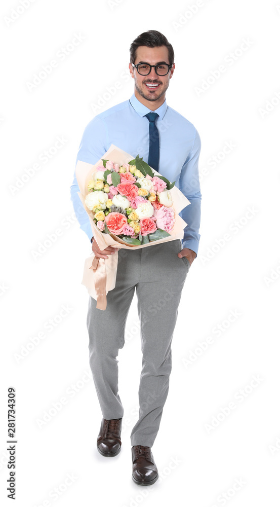 Young handsome man with beautiful flower bouquet on white background Young handsome man with beautiful flower bouquet on white background