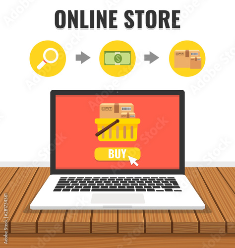 Online shopping with open laptop and online shop. Online store concept. Flat cartoon style. Vector illustration.
