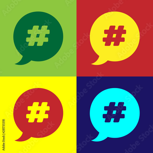 Color Hashtag speech bubble icon isolated on color background. Concept of number sign, social media marketing, micro blogging. Vector Illustration
