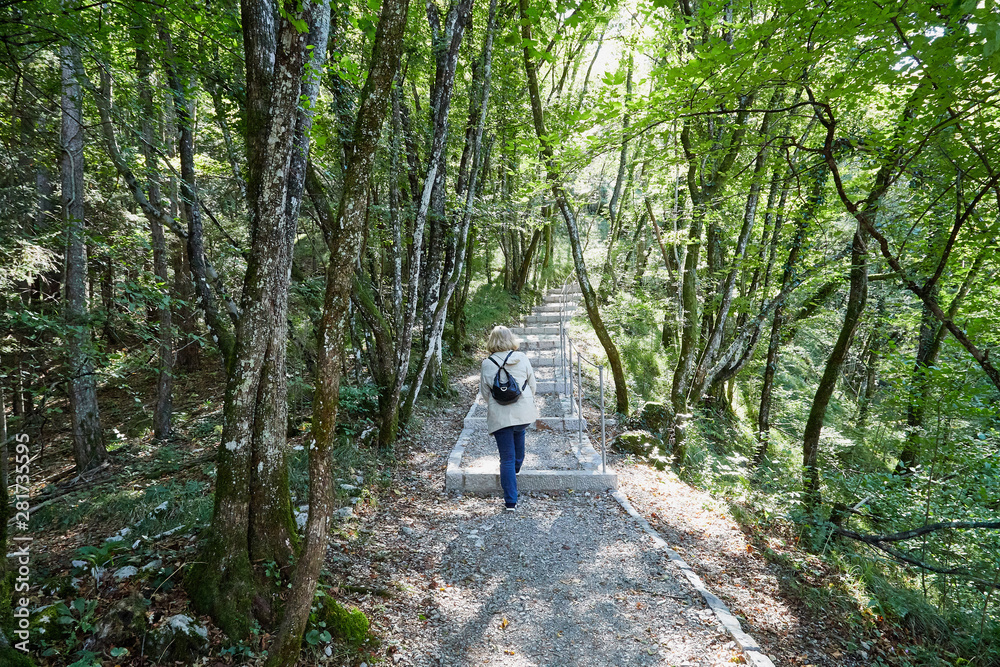 Path in the mountains among the green plants on a summer day and tourist on it. Skalecka caves in Slovenia Path in the mountains among the green plants on a summer day and tourist on it. Skalecka caves in Slovenia