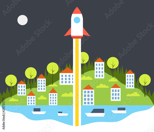 Rocket launch. Startup project concept. Clouds and town on background. Vector illustration.