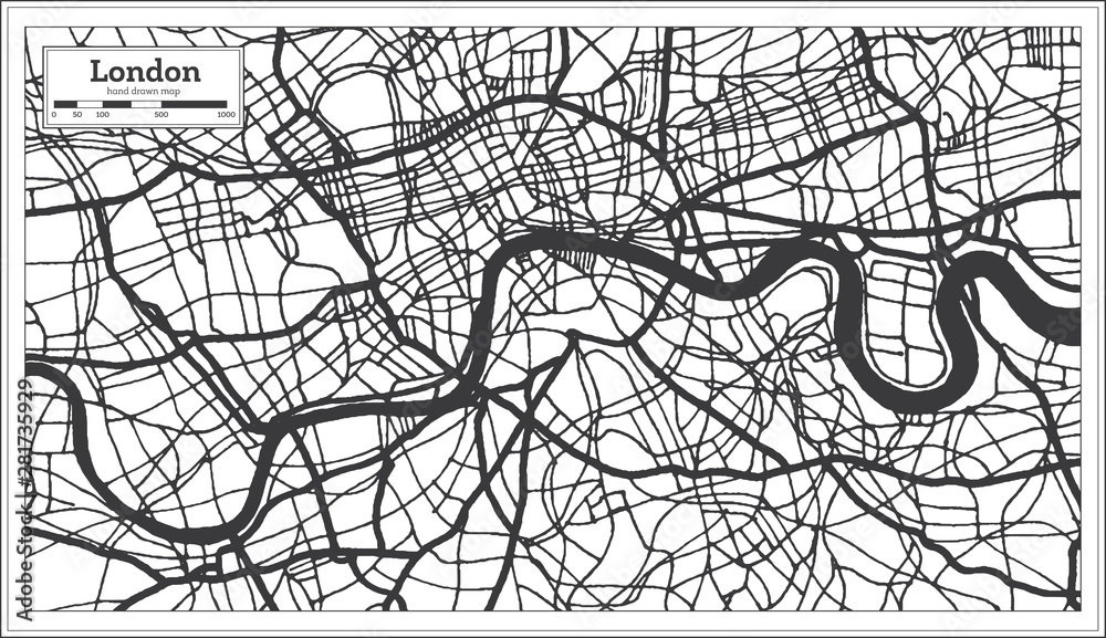 London England City Map in Retro Style in Black and White Color. Outline Map.