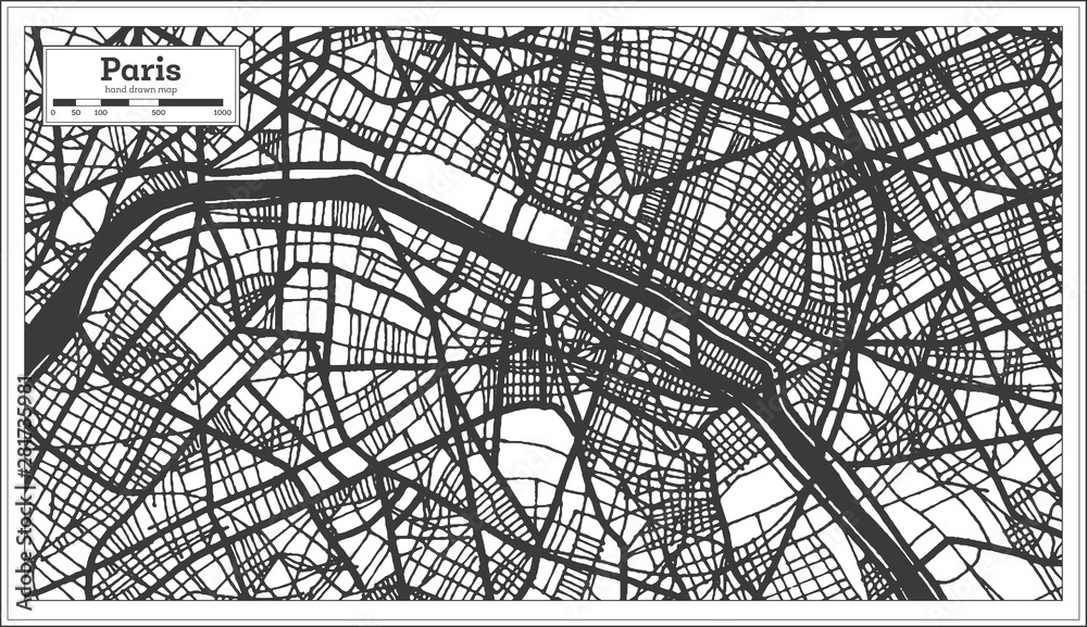 Obraz premium Paris France City Map in Retro Style in Black and White Color. Outline Map.