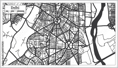 Delhi India City Map in Retro Style in Black and White Color. Outline Map.