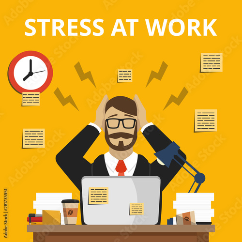 Stress situation on work. Overworked and tired businessman or office worker sitting at his desk in night time. Flat vector illustration.