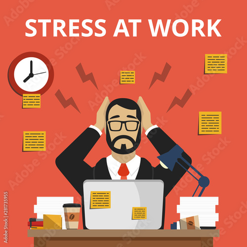 Stress situation on work. Overworked and tired businessman or office worker sitting at his desk in night time. Flat vector illustration.