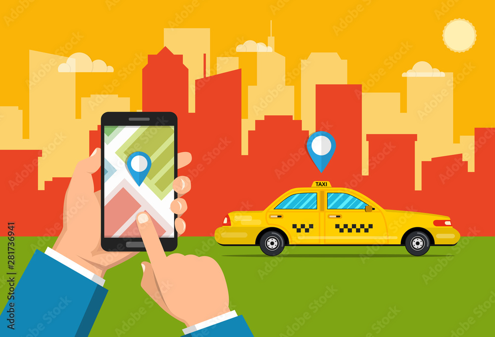Hand holding smartphone with taxi service app on the screen. Flat cartoon style. Vector illustration. Hand holding smartphone with taxi service app on the screen. Flat cartoon style. Vector illustration.