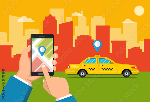 Hand holding smartphone with taxi service app on the screen. Flat cartoon style. Vector illustration.