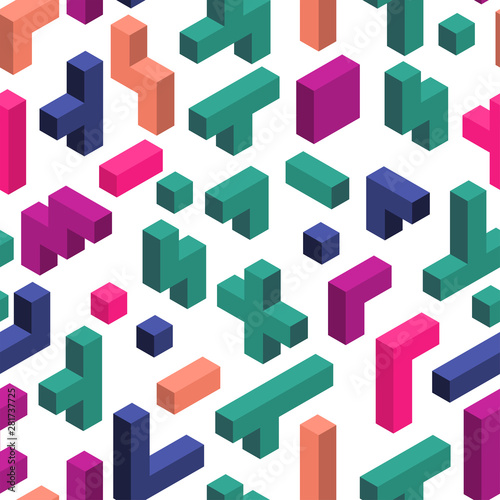 Seamless pattern with colorful pieces of electronic game in isometric style