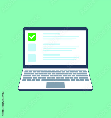 Online quiz checklist. Web exam, options choice on laptop screen and questionnaire checklists. Application online form, digital pc test or notebook website testing illustration
