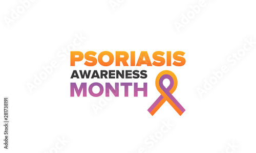 Psoriasis Awareness Month in August. Educate, inform, prevention in United States. Dermatology, skin body problems. Health care. Orchid and Orange ribbon. Poster, card, banner and background. Vector