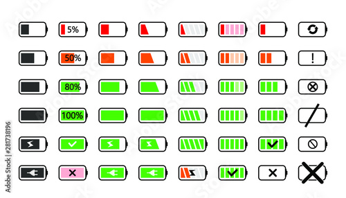 Battery charge icons. Powered indicator, charging empty batteries and low battery power icon. Smartphone charge level indicating or laptop battery status. Isolated vector signs illustration set