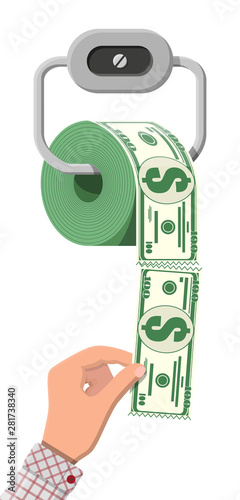 Hank of toilet paper dollar money. Garbage waste investment. Losing or wasting money, overspending, bankruptcy or crisis. Vector illustration in flat style