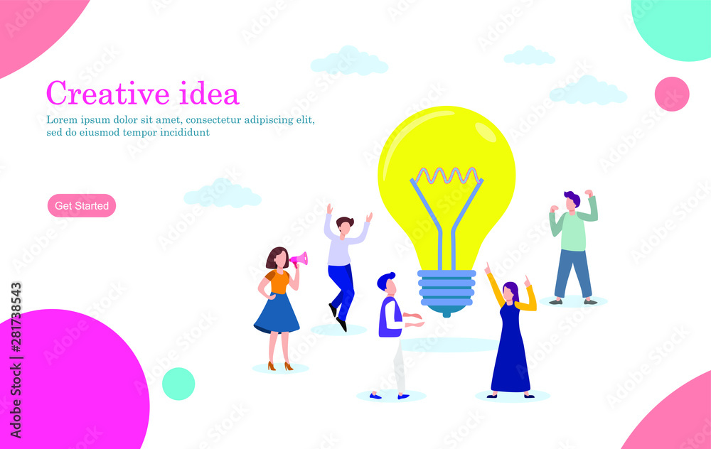 Creative idea vector illustration concept, people with giant shine light bulb, can use for, landing page, template, ui, web, mobile app, poster, banner, flyer