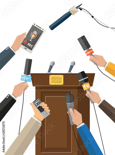 Rostrum, tribune and hands of journalists with microphones and digital voice recorders. Press conference concept, news, media, journalism. Vector illustration in flat style