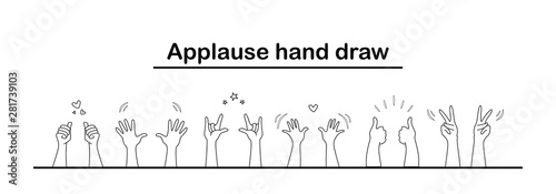 Drawn vector sketch. Hand raised in the air- Black and white illustration. Hands of fans, rock concert, audience. A crowd of hand. Goat, thumbs up, applause, victory, peace.