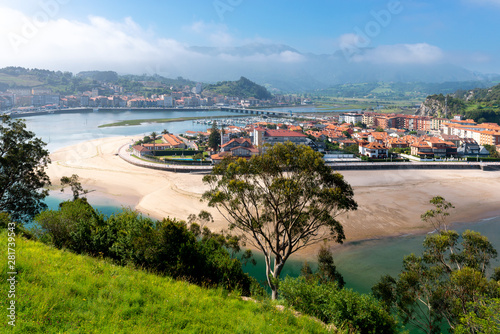 Panorama of Ribadesella village and Santa Marina beach from Corberu mountain, Asturias, Spain