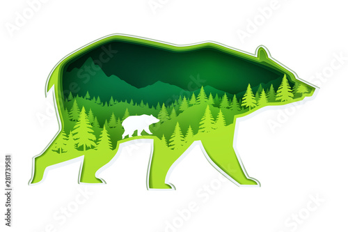 Paper art carve to grizzly bear and forest