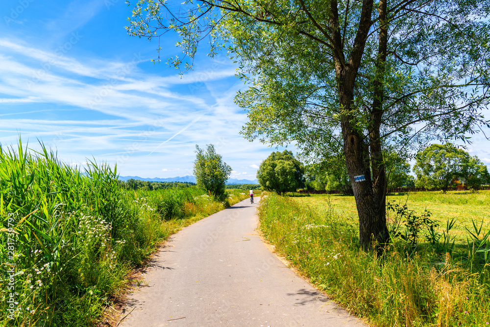 Young woman riding bike on cycling way in green farming fields along Dunajec river, Pieniny Mountains, Poland