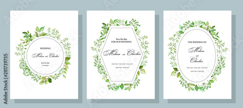 Set of cards for wedding invitations. Green plants  leaves green branches field grass.