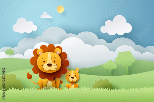 Paper craft of lion and africa forest