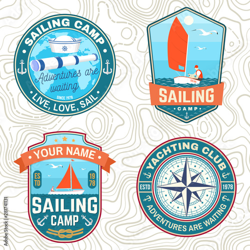Set of summer sailing camp patches. Vector. Concept for shirt, stamp or tee. Vintage typography design with sea anchors, hand wheel, sail boat and rope knot silhouette. Ocean adventure.