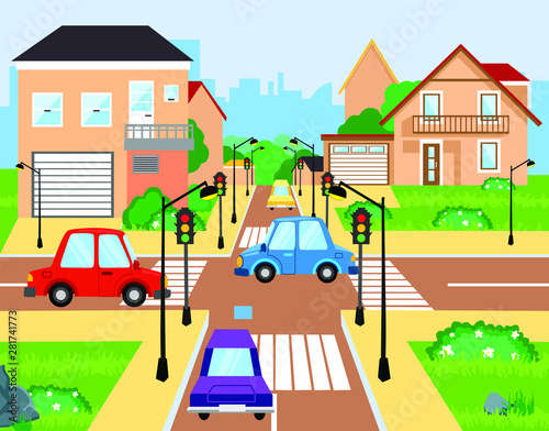 Crossroad with cars. City suburb traffic jam, street crosswalk with traffic lights and road intersection. Intersections transportation, vehicle crossing roads cityscape cartoon vector illustration