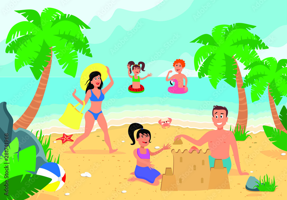 Family beach vacation. Young family with happy kids sunbathing on sand  beach, summer seashore. Romantic beach holidays, family surfing kids and  parents ocean vacation cartoon vector illustration Stock Vector | Adobe  Stock