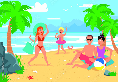 Family beach vacation. Young family with happy kids sunbathing on sand beach, summer seashore. Romantic beach holidays, family surfing kids and parents ocean vacation cartoon vector illustration