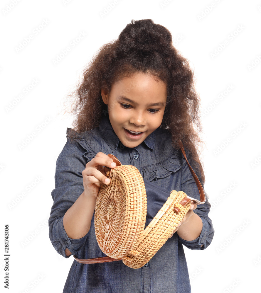 African-American girl with bag on white background African-American girl with bag on white background