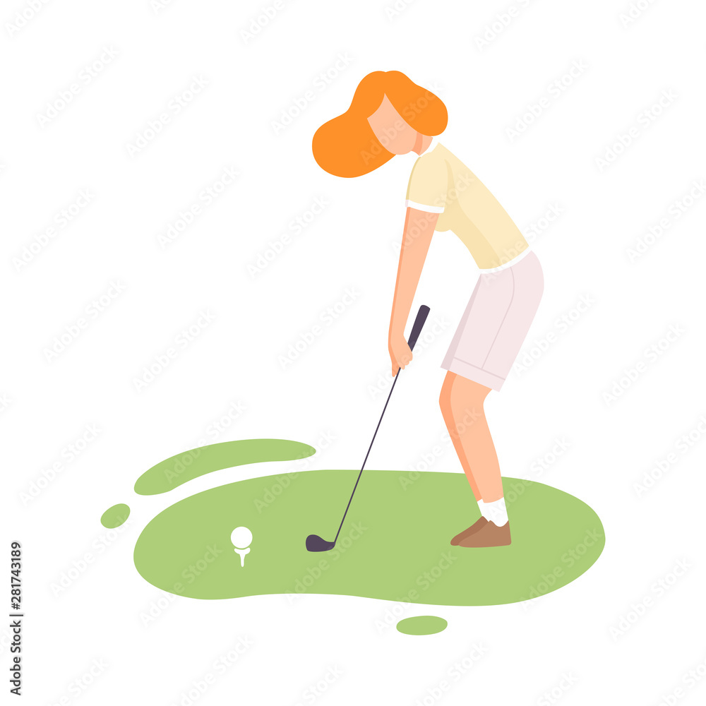 Young Woman Playing Golf, Female Golfer Striking Ball with Golf Club on Course with Green Grass, Outdoor Sport or Hobby Vector Illustration