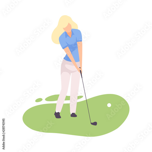 Young Blonde Woman Playing Golf with Golf Club, Female Athlete Training on Course with Green Grass, Outdoor Sport or Hobby Vector Illustration