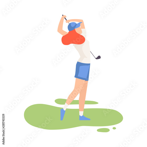 Young Woman Swinging with Golf Club, Female Athlete in Sports Uniform Playing Golf on Course, Outdoor Sport or Hobby Vector Illustration