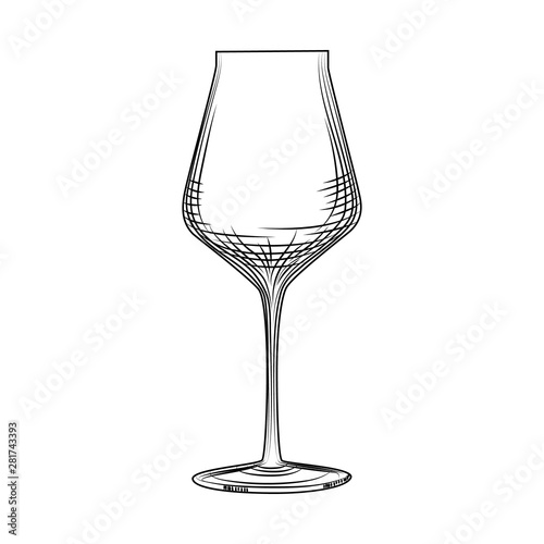 Freehand classic empty wine glass sketch. Engraving style.