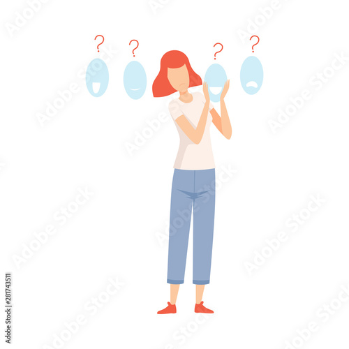 Teen Girl Choosing Expression of Her Face, Teenager Puberty Problem Vector Illustration