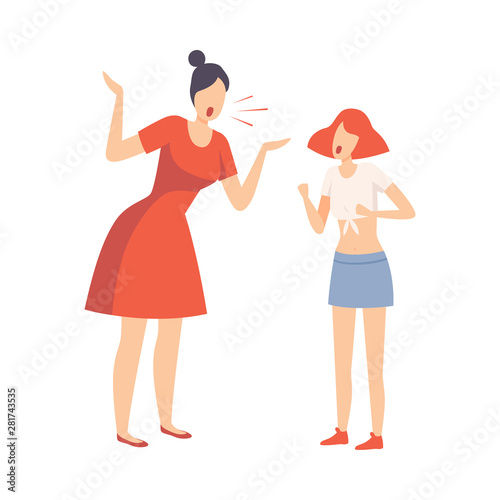 Mother Scolding Her Teenager Daughter, Conflict with Parents Vector Illustration