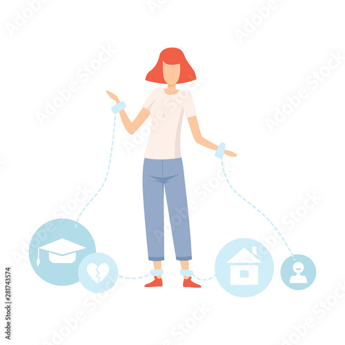 Teen Girl Wearing Shackles, Teenager Puberty Problems, Girl Experiencing Stress, Learning Problems, Unrequited Love Vector Illustration
