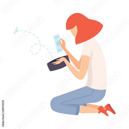 Teen Girl Sitting on Floor and Looking into Wallet, Girl Has Little Money Vector Illustration